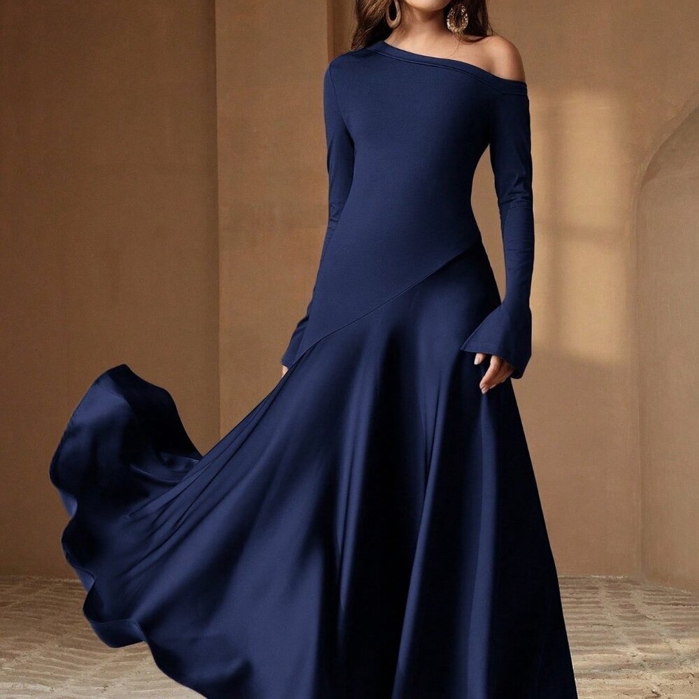 Navy Blue Patchwork Elegant Women's Dress